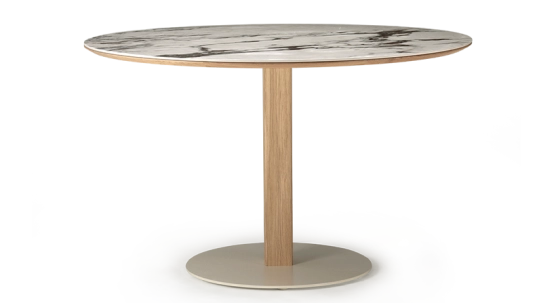 Table salle à manger ronde en chêne et céramique 4 à 6 personnes avec bois teinte naturelle et plateau céramique effet marbre blanc m3 110x110