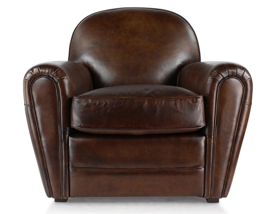 Fauteuil club cuir marron soutenu accoudoirs passepoil