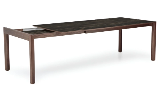Extending table for 8 to 12 people in walnut and ceramic with ceramic extensions natural wood finish and black marble-effect ceramic m2 160x100 cm