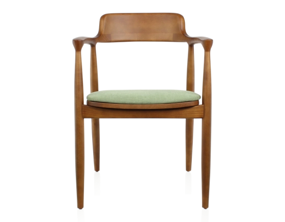 Scandinavian chair cherry wood stain and green fabric