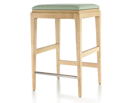 H60 cm designer bar stool natural tint wood, sage green fabric seat
