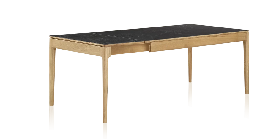 Table extensible en chêne et céramique allonges céramique avec bois teinte naturelle et plateau et allonges céramique effet ardoise 140x90 cm