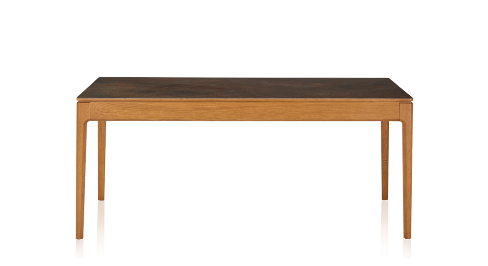 Table salle à manger en chêne et céramique 8 personnes avec bois teinte merisier et plateau céramique brun oxydé 180x100 cm Table salle à manger en chêne et céramique 8 personnes avec bois teinte merisier et plateau céramique brun oxydé 180x100 cm