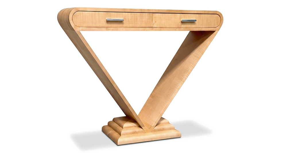 Console art déco double tiroirs bois teinte naturelle