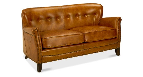 Canapé club cuir 2 places cognac accoudoirs cloutés