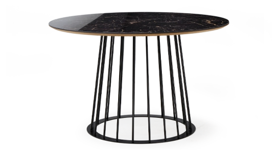 Table salle à manger ronde en chêne et céramique pied métal noir et plateau céramique effet marbre noir m2 120x120