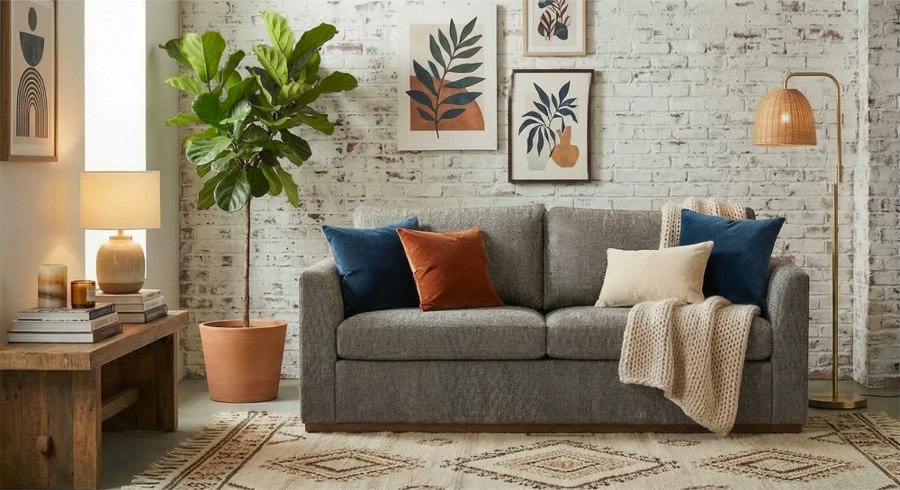 Canapé design 3 places tissu chiné marron