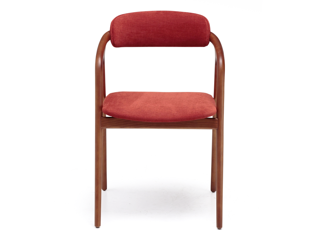 Chaise scandinave bois teinte merisier assise tissu beige orange brulé Chaise scandinave bois teinte merisier assise tissu beige orange brulé