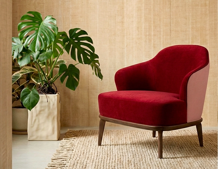 Fauteuil design tissu bordeaux et vieux rose