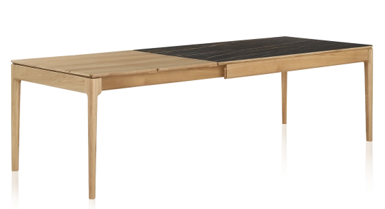 Extendable table for 6 to 10 people in oak and ceramic with wooden extensions with natural stained wood and black marble effect ceramic top 140x90 cm