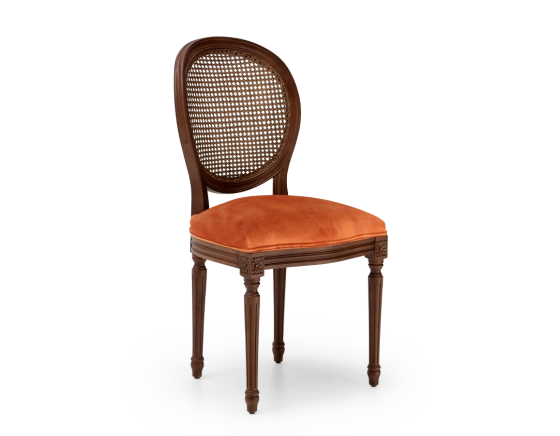 Chaise ancienne style Louis XVI bois teinte marron foncée dossier canné assise tissu velours terracotta
