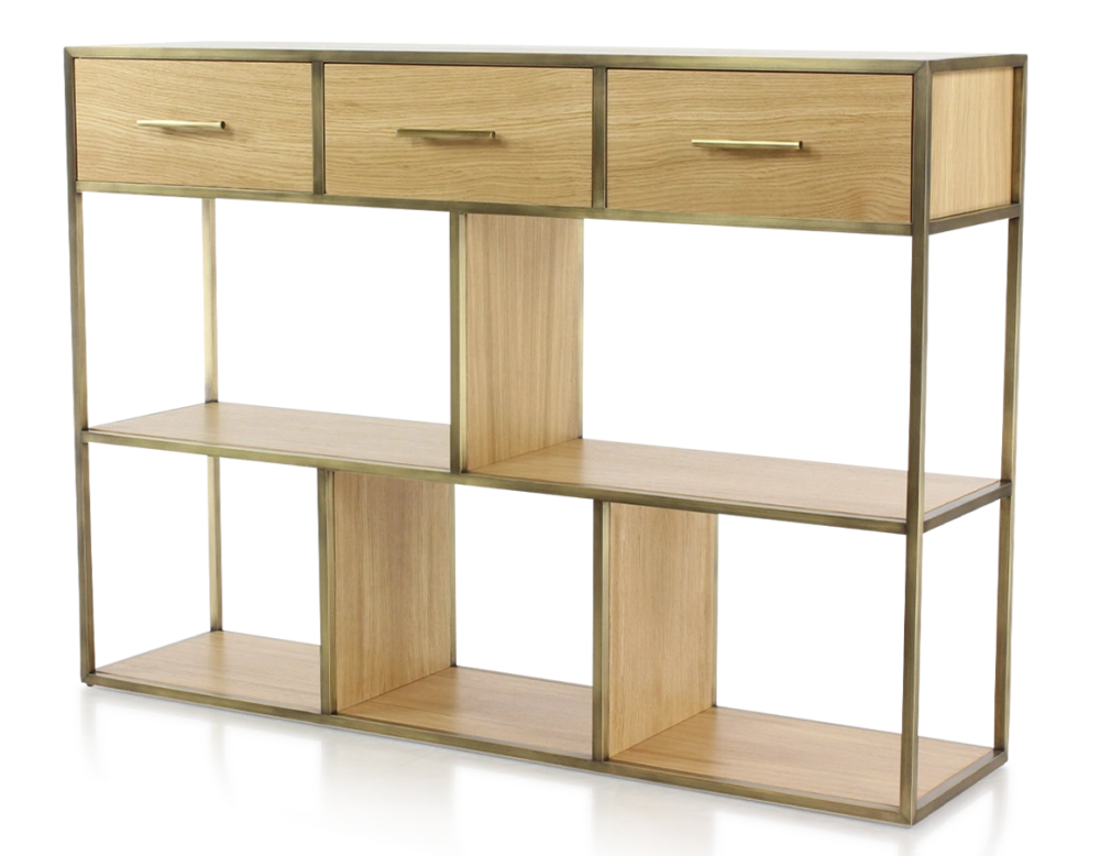Console design frêne teinte naturelle et métal patine laiton Console design frêne teinte naturelle et métal patine laiton