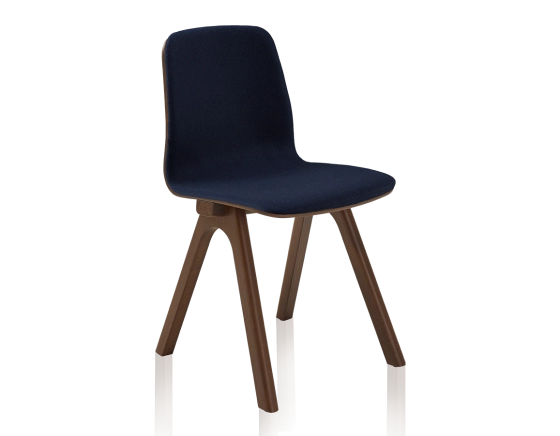 Upholstered oak designer chair dark brown stained wood, navy blue fabric seat