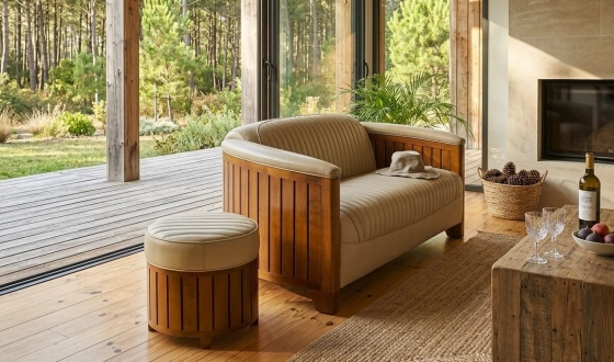 2 seater wooden and leather club sofa beige