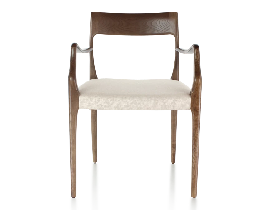 Chaise scandivave avec accoudoirs bois teinte marron foncé assise tissu chevron beige