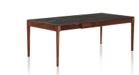Table extensible 8 à 12 personnes en noyer et céramique allonges céramique avec bois teinte naturelle et plateau et allonges céramique effet marbre noir 180x100 cm