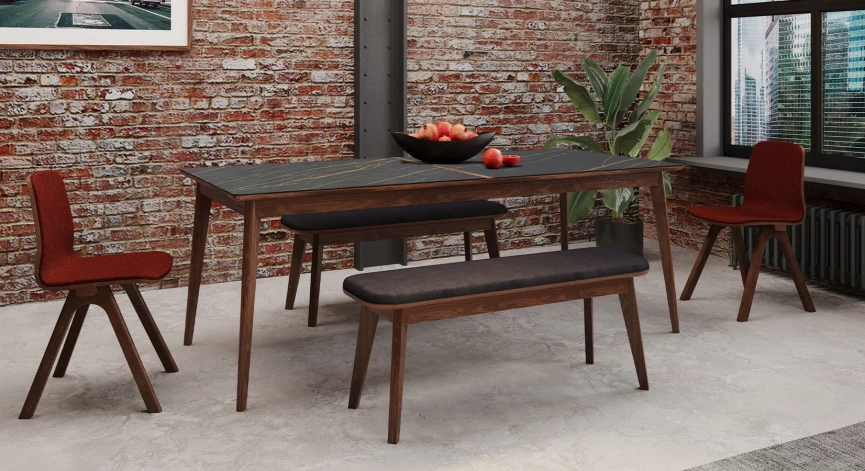 Table extensible en noyer et céramique allonges bois avec bois teinte naturelle et plateau céramique effet marbre noir 140x100 cm