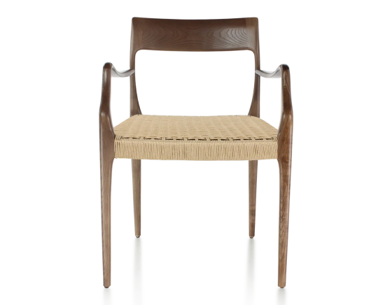 Chaise scandinave avec accoudoirs bois teinte marron foncé assise corde