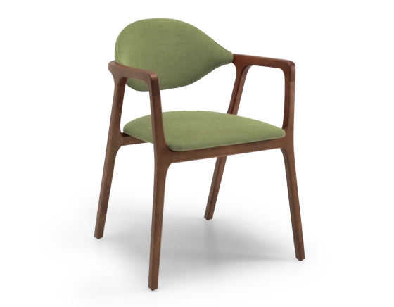Designer armchair dark brown stained wood and green fabric.