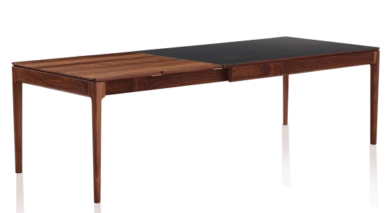 Table extensible en noyer et céramique noire unie 140x90 cm allonges bois