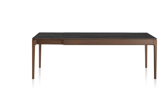 Extendable table for 8 to 12 people in oak and ceramic with ceramic extensions with dark brown stained wood and black marble effect ceramic top and extensions 180x100 cm