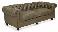 Canapé Chesterfield cuir 3 places vert olive accoudoirs cloutés