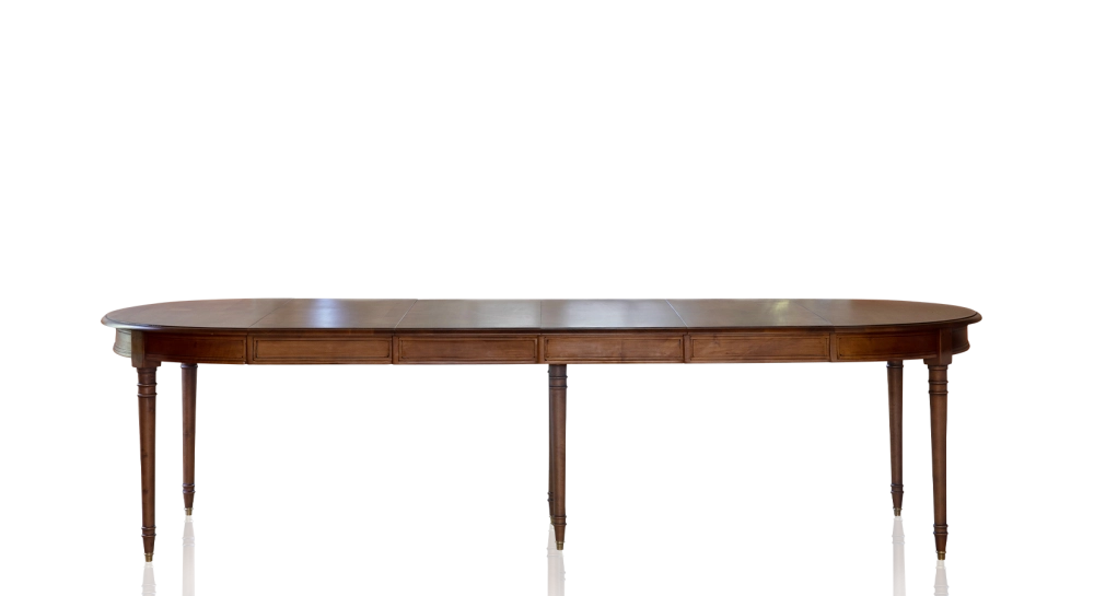 Table ronde Louis XVI extensible 4 à 14 personnes bois teinte ancienne avec 5 allonges 110x120cm Table ronde Louis XVI extensible 4 à 14 personnes bois teinte ancienne avec 5 allonges 110x120cm