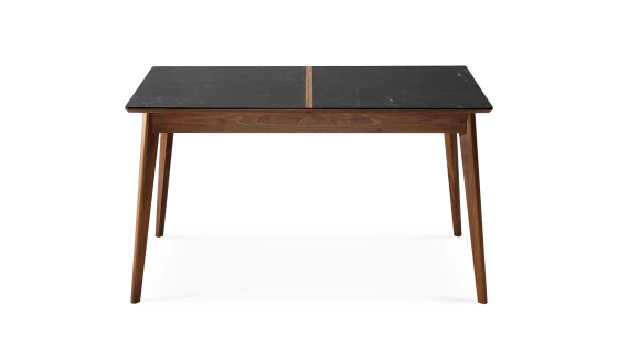 Table salle à manger en noyer et céramique avec bois teinte naturelle et plateau céramique effet ardoise 140x90 cm