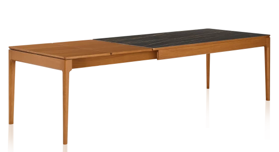 Table extensible en chêne et céramique allonges bois avec bois teinte merisier et plateau céramique effet marbre noir 140x90 cm
