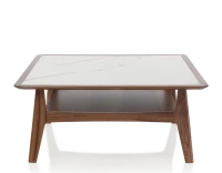 Table basse carré en noyer et céramique bois teinte naturelle plateau céramique effet marbre blanc 100x100 cm