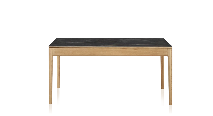 Table extensible 6 à 10 personnes en chêne et céramique allonges bois avec bois teinte naturelle et plateau céramique effet marbre noir 140x90 cm