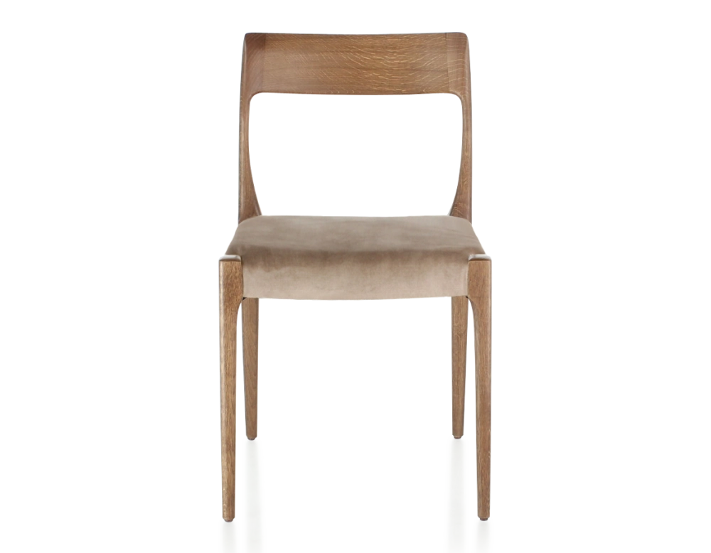 Chaise scandinave bois teinte noyer assise tissu velours taupe clair Chaise scandinave bois teinte noyer assise tissu velours taupe clair