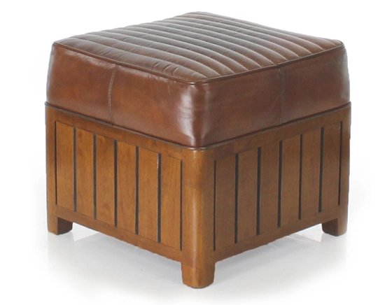 Pouf carré bois et cuir marron vintage
