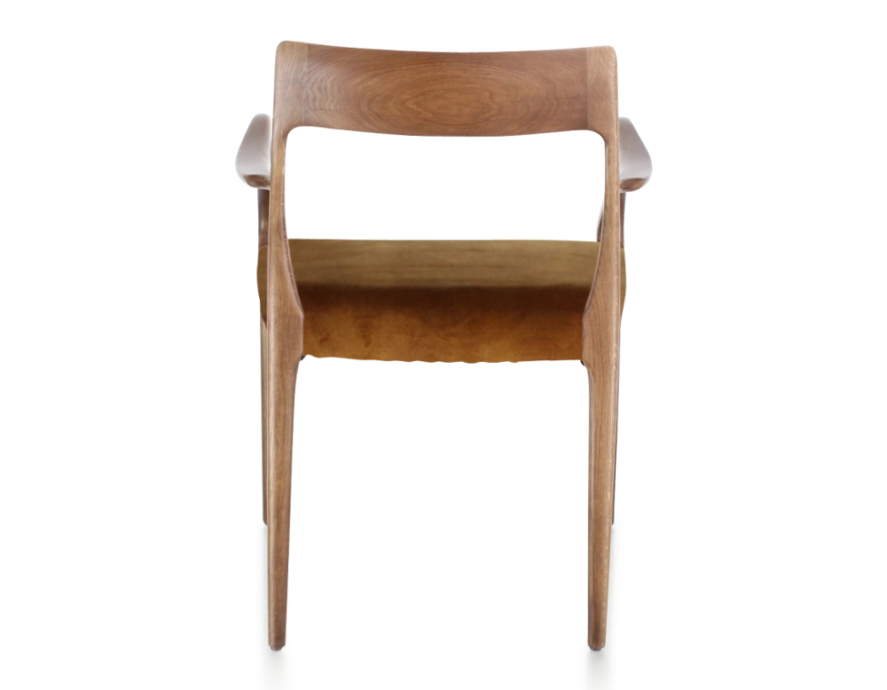 Chaise scandinave avec accoudoirs bois teinte noyer assise tissu velours bronze Chaise scandinave avec accoudoirs bois teinte noyer assise tissu velours bronze