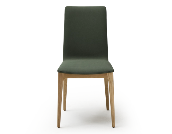 Designer chair wooden chair with a natural finish and forest green fabric seat.