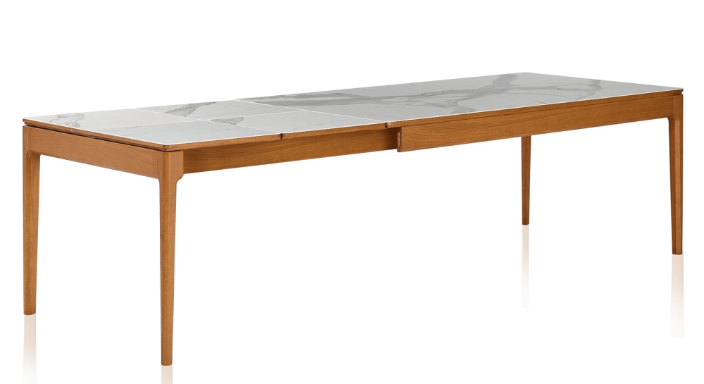 Table extensible 8 à 14 personnes en chêne et céramique allonges céramique avec bois teinte merisier et plateau et allonges céramique effet marbre blanc 210x100 cm