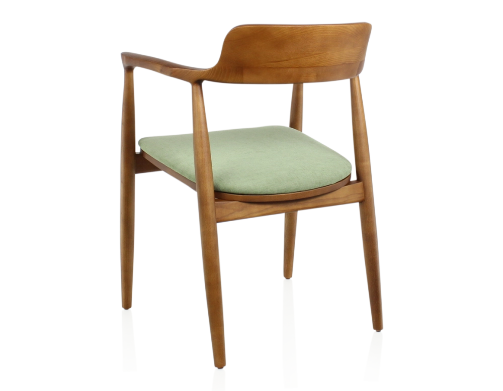 Chaise scandinave bois teinte merisier et tissu vert Chaise scandinave bois teinte merisier et tissu vert