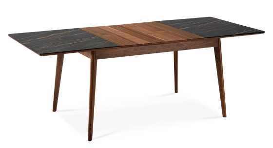 Table extensible 6 à 10 personnes en noyer et céramique allonges bois avec bois teinte naturelle et plateau céramique effet marbre noir 140x90 cm