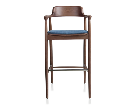 Tabouret de bar h80 cm bois teinte noyer assise tissu bleu jean