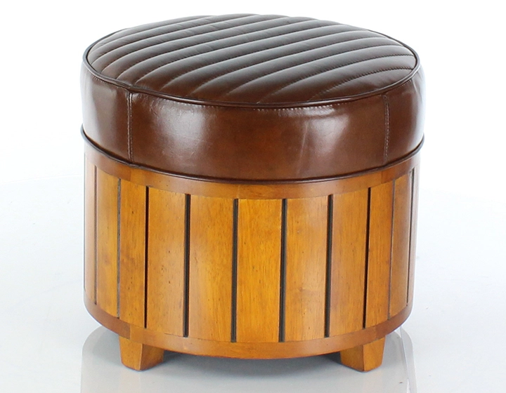Pouf rond bois et cuir marron vintage Pouf rond bois et cuir marron vintage