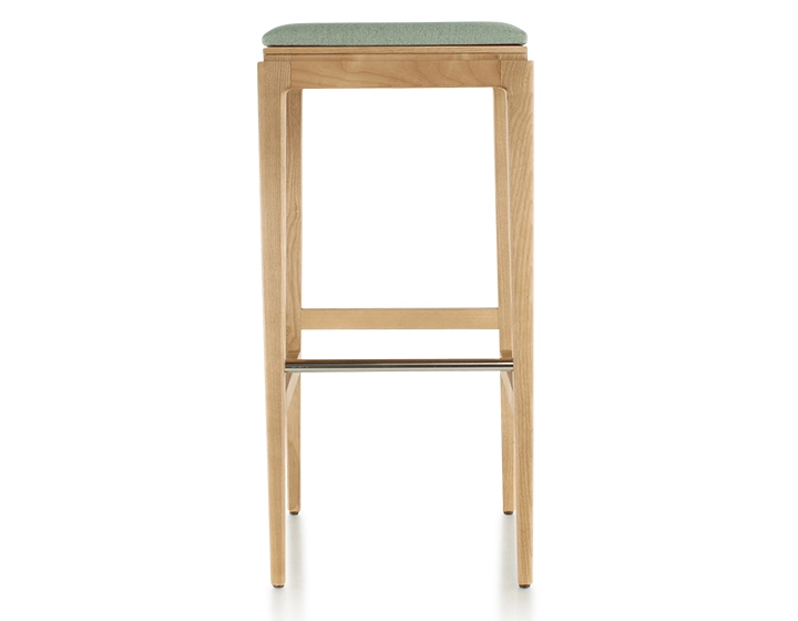 H80 cm designer bar stool natural tint wood, sage green fabric seat H80 cm designer bar stool natural tint wood, sage green fabric seat