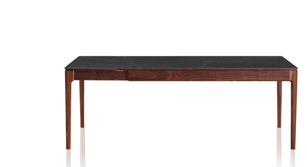 Table extensible 8 à 12 personnes en noyer et céramique allonges céramique avec bois teinte naturelle et plateau et allonges céramique effet ardoise 180x100 cm