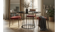Table salle à manger ronde en chêne et céramique pied métal noir et plateau céramique effet marbre noir m2 120x120 Table salle à manger ronde en chêne et céramique pied métal noir et plateau céramique effet marbre noir m2 120x120
