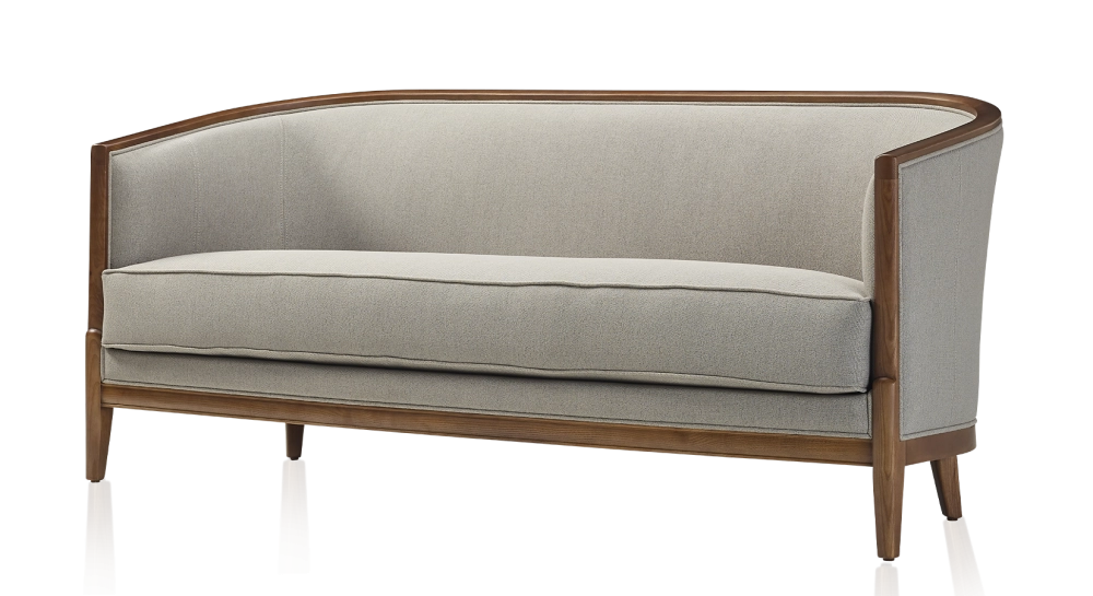 Canapé ancien 3 places bois teinte noyer et tissu gris clair Canapé ancien 3 places bois teinte noyer et tissu gris clair