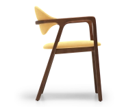 Designer armchair dark brown stained wood and yellow fabric Designer armchair dark brown stained wood and yellow fabric