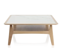 Table basse carrée en chêne et céramique avec bois teinte naturelle plateau céramique effet marbre blanc 100x100 cm