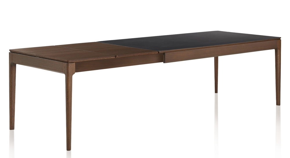 Table extensible 8 à 12 personnes en chêne et céramique allonges bois avec bois teinte marron foncé et plateau céramique noir unie 180x100 cm Table extensible 8 à 12 personnes en chêne et céramique allonges bois avec bois teinte marron foncé et plateau céramique noir unie 180x100 cm