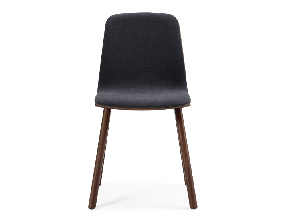 Chaise design en chêne tapissé bois teinte marron foncé assise tissu gris anthracite Chaise design en chêne tapissé bois teinte marron foncé assise tissu gris anthracite