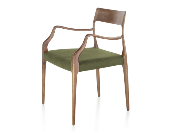 Chaise scandinave avec accoudoirs bois teinte noyer assise tissu vert olive