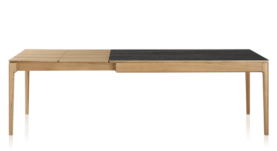 Extendable table for 8 to 12 people in oak and ceramic with wooden extensions with natural stained wood and black marble effect ceramic top 210x90 cm